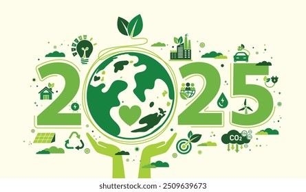 2025 Ano Novo, Eco amigável, conceito de planejamento de sustentabilidade com globo e mundial ícones verdes doodle desenho definido sobre fundo branco, ilustração Vetor