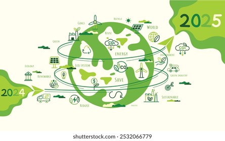 2025 Ano Novo, Eco amigável, conceito de planejamento de sustentabilidade com globo e mundial ícones verdes doodle desenho definido sobre fundo branco, ilustração Vetor