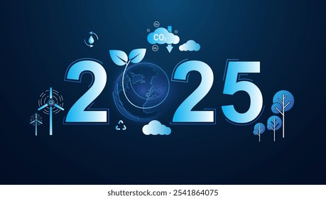 2025 New year, Eco friendly, Sustainability planning concept with globe and World environmental blue doodle icons drawing set on blue background ,Vector illustration