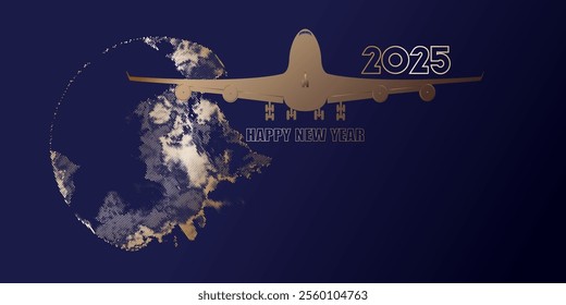 2025, new year, elegant vector illustration, number 2025 logo. The plane takes off in the new 2025