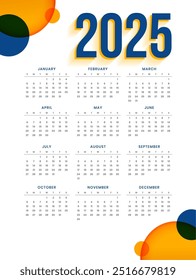 2025 ano novo modelo de calendário inglês no vetor de estilo moderno