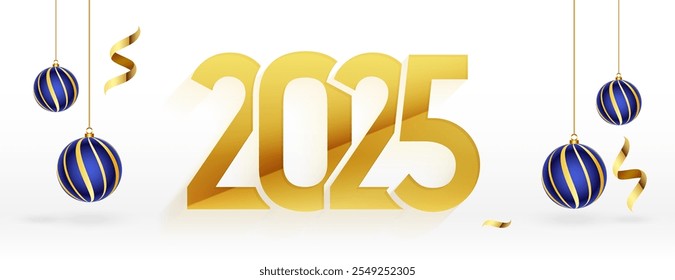 2025 new year event white wallpaper with hanging bauble vector