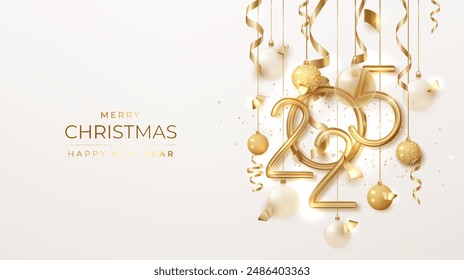 2025 New Year festive banner. Christmas season and New Year banner adorned with gold 2025 numbers and hanging ornaments