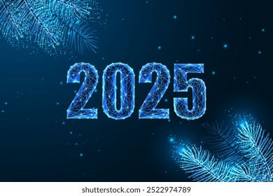 2025 New Year festive banner with glowing 2025 digits and Christmas tree branches on dark blue background. Modern elegant design, winter holiday theme. Glowing polygonal abstract vector illustration