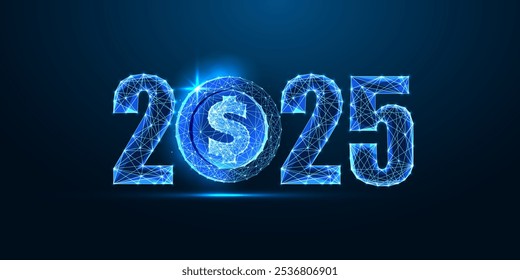 2025 New Year financial goals with glowing 2025 digits and dollar coin on dark blue background. Finance, wealth, investment, and economic growth concept for future prosperity. Vector illustration