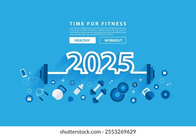 2025 novo conceito de fitness exercício tipografia de design alfabeto com equipamentos. Ilustração vetorial