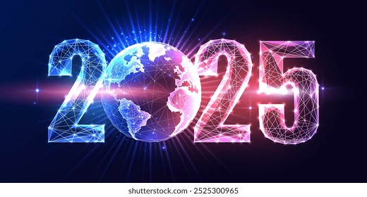 2025 New Year future with AI, glowing 2025 digits, and Earth globe on dark blue purple background. Modern innovation, global technology, digital transformation. Abstract design vector illustration