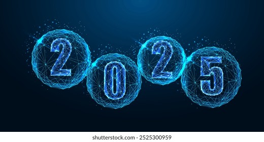 2025 New Year with glowing 2025 digits inside transparent bubbles on dark blue background. Futuristic design, modern celebration, elegant creative concept. Glowing low polygonal vector illustration