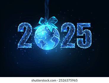 2025 New Year with glowing digits and planet Earth as Christmas ornament on dark blue background. Global celebration, festive design, modern holiday concept. Low polygonal abstract vector illustration