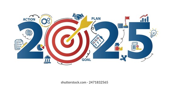 2025 new year goal plan action with target icons, Business plan, financial plan and strategies. Annual plan and development for achieving goal, achievement and success in 2024. Vector illustrator set.