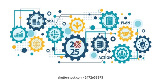 2025 new year goal plan action with target icons, Business plan, financial plan and strategies. Annual plan and development for achieving goal, achievement and success in 2024. Vector illustrator set.