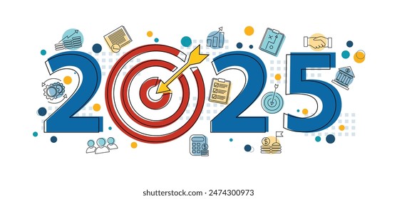 2025 new year goal plan action with target icons, Business plan, financial plan and strategies. Annual plan and development for achieving goal, achievement and success in 2024. Vector illustrator set.