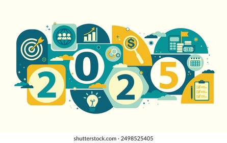 2025 new year goal plan action with target icons, Business plan, financial plan and strategies. Annual plan and development for achieving goal, achievement and success in 2024. Vector illustrator set.