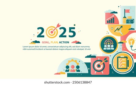 2025 new year goal plan action with target icons, Business plan, financial plan and strategies. Annual plan and development for achieving goal, achievement and success in 2024. Vector illustrator set.