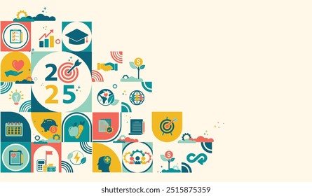 2025 new year goal plan action with target icons, Business , financial, health care, environment, education plan and strategies. Annual plan and development for achieving goal to success. Vector set.