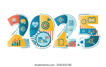 2025 plano de ação do objetivo do ano novo com ícones-alvo, Negócios, financeiro, saúde, meio ambiente, plano de educação e estratégias. Plano e desenvolvimento anuais para atingir a meta de sucesso. Conjunto de vetores.