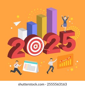 2025 new year goal plan action with target icons, Business plan, financial plan and strategies. Annual plan and development for achieving goal, achievement and success in 2024.