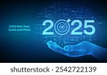 2025 New year Goals and plans. Numbers 2025 made with currency symbols in wireframe hand. New 2025 financial year. Business plan and strategies. Background with currency signs. Vector illustration.