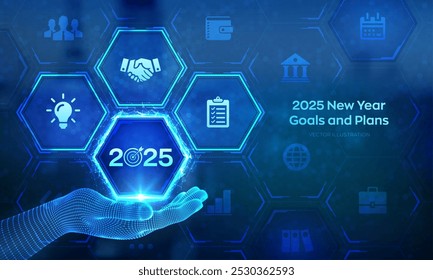 2025 New year Goals and plans icon in wireframe hand. Business plan and strategies. Goal acheiveement and success in 2025. Resolutions, plan, action, checklist concept. Vector illustration.