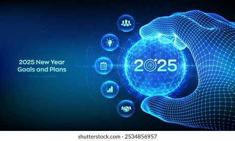 2025 Neujahr Ziele und Pläne Konzept in Form von polygonalen Kugel mit Zahlen 2025 und Ziel in Drahtmodell Hand. Geschäftsplan und -strategien. Zielerreichung und Erfolg. Vektorgrafik.