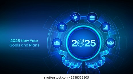 Ícone de metas e planos para o Ano Novo de 2025 em mãos wireframe. Plano de negócios e estratégias. Conquista de metas e sucesso em 2025. Resoluções, plano, ação, conceito de lista de verificação. Ilustração vetorial.