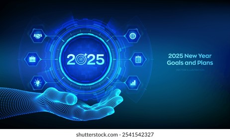 2025 Neujahr Ziele und Pläne Symbol in Wireframe Hand. Geschäftsplan und -strategien. Zielerreichung und Erfolg 2025. Vorsätze, Plan, Aktion, Checklistenkonzept. Vektorgrafik.