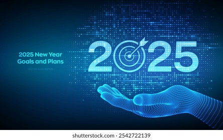 Objetivos e planos para 2025. Números 2025 feitos com símbolos de moeda na mão aramado. Novo exercício financeiro de 2025. Plano de negócios e estratégias. Plano de fundo com sinais de moeda. Ilustração vetorial.