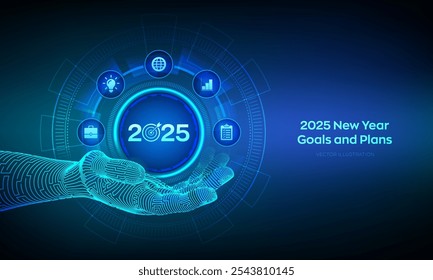 2025 New year Goals and plans icon in wireframe hand. Business plan and strategies. Goal acheiveement and success in 2025. Resolutions, plan, action, checklist concept. Vector illustration.