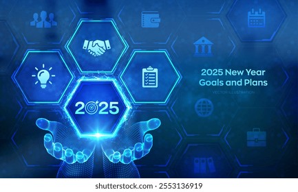 Ícone de metas e planos para o Ano Novo de 2025 em mãos wireframe. Plano de negócios e estratégias. Conquista de metas e sucesso em 2025. Resoluções, plano, ação, conceito de lista de verificação. Ilustração vetorial.