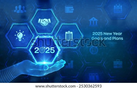 2025 New year Goals and plans icon in wireframe hand. Business plan and strategies. Goal acheiveement and success in 2025. Resolutions, plan, action, checklist concept. Vector illustration.