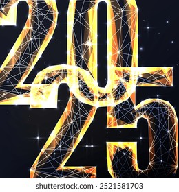 Año Nuevo 2025 con dígitos de oro 2025 sobre fondo cuadrado negro. Presenta un diseño moderno, una celebración elegante y un elegante saludo festivo. Ilustración vectorial abstracta poligonal brillante.