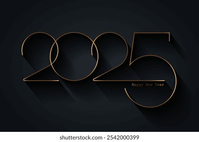 2025 New Year gold logo design. Holiday greeting card. Vector illustration. Holiday design for greeting card, invitation, calendar, party, golden holiday label isolated on black background 