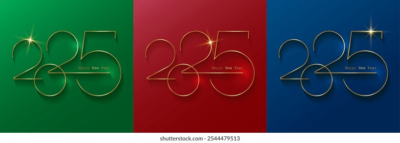 2025 New Year gold logo design set collection. Holiday greeting cards for invitation, calendar, party, golden numbers label isolated on colorful gradient background 