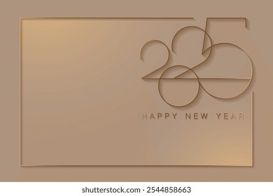 2025 New Year gold logo design. Holiday greeting card. Copy space. Vector design for greeting card, invitation, calendar, party, golden festive banner isolated on light beige background 