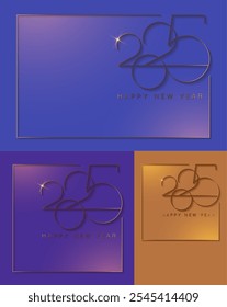 2025 New Year gold logo design set collection. Holiday greeting cards for invitation, calendar, party, golden numbers label isolated on colorful gradient background 