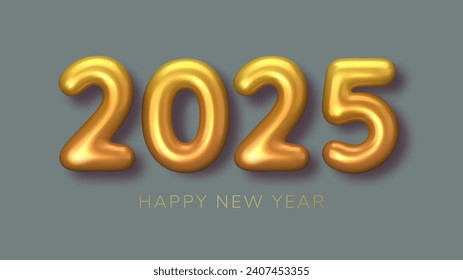 2025 New Year gold numbers for greeting card on grey background. 3d Happy  New Year background. Vector illustration