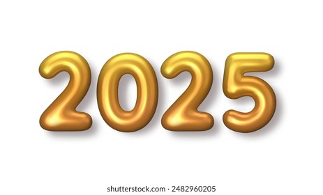 2025 New Year gold numbers for greeting card on white background. 3d Happy  New Year background. Vector illustration