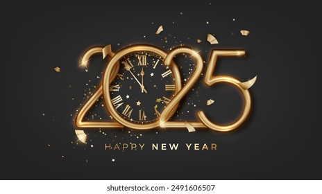 2025 New Year gold numbers. luxury design, and golden 2025 countdown with realistic clock and glitter sparkles