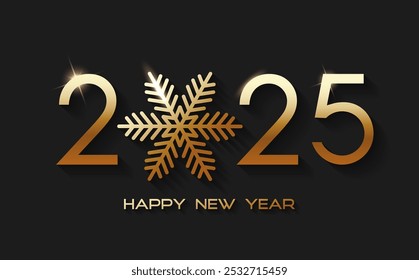 2025 New year gold numbers design with golden snowflake on black background