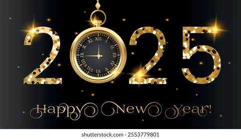 2025 New Year golden glitter numbers on black luxury background. Happy new year 2025 celebration template golden shine numbers and golden running clock