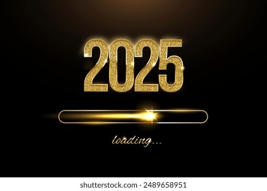 2025 New Year golden loading bar with flash star vector illustration. Year progress, Christmas party countdown, download screen. Invitation card, banner. Event, holiday with sparkling and glitter.