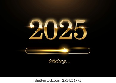 2025 New Year golden loading bar with flash star vector illustration. Year progress, Christmas party countdown, download screen. Invitation card, banner, event, holiday.