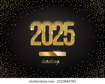 2025 Silvester goldene Ladestange Vektorgrafik. Jahr Fortschritt mit Schrift. Party Countdown, Download-Bildschirm. Einladungskarte, Banner. Event, Urlaubserwartung. funkelnder Glitzer-Hintergrund.