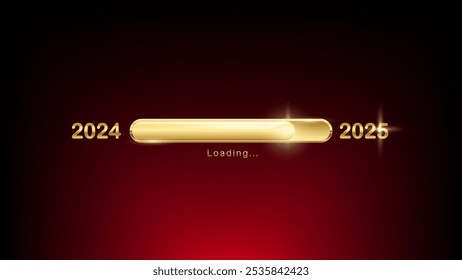 2025 New Year golden loading bar vector illustration. progress with lettering. Christmas Party , download screen. Invitation card, website banner, Event placard, holiday expectation. dark background.