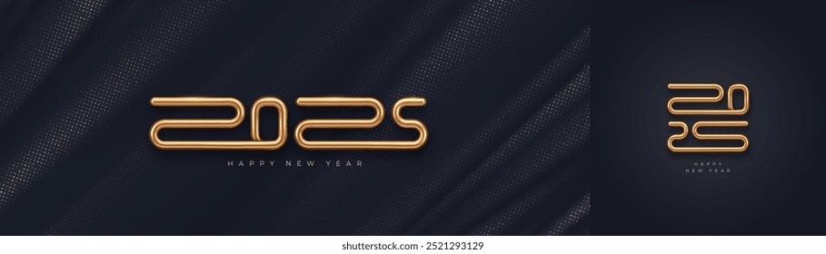 Logotipo dorado del año nuevo 2025 en fondo negro abstracto de la tela. Diseño de saludo con metal dorado realista número de año. Diseño para tarjeta de felicitación, invitación, calendario, etc.