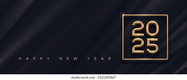 2025 new year golden logo on abstract black fabric background. Greeting design with realistic gold metal number of year. Design for greeting card, invitation, calendar, etc. Vector illustration.