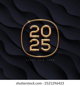 2025 new year golden logo on abstract black waves background. Greeting design with realistic gold metal number of year. Design for greeting card, invitation, calendar, etc. Vector illustration.