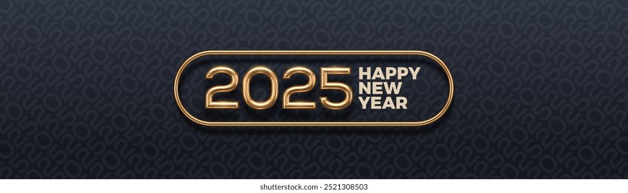 2025 new year golden logo on black background. Greeting design with realistic gold metal number of year. Design for greeting card, invitation, calendar, etc. Vector illustration.