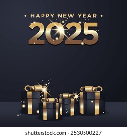 2025 new year golden on dark luxury background with gift box. Celebration New Year's Eve