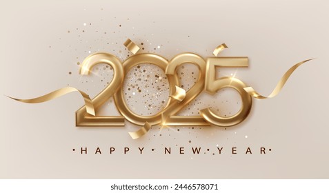 2025 New Year with golden golden ribbon. Festive Christmas banner with falling confetti on bright background. Realistic 2025 Golden 3d number